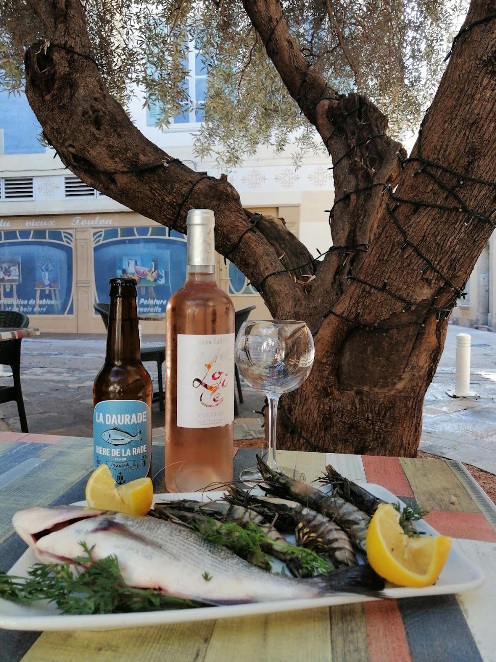 Une bouteille de rosé et un poisson grillé posés au pied d'un olivier